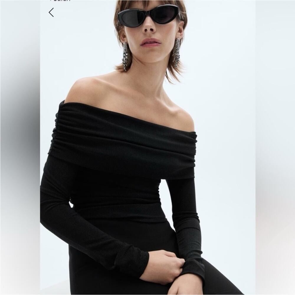Mango Glitter Off Shoulder Top Womens XL Black Silver Long Sleeve